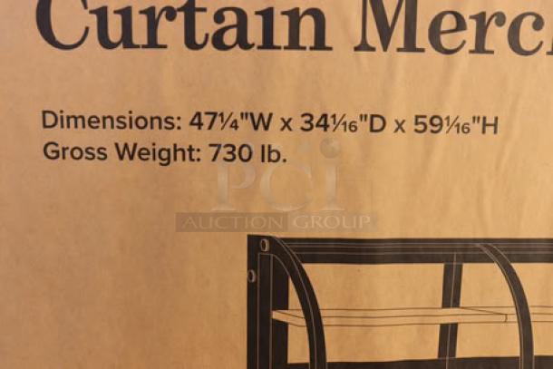 Brand new Avantco CAC-48 black curved dual service refrigerated air curtain merchandiser, glass damaged, 47 3/16"W x 34 1/16"D x 59 1/16"H.
