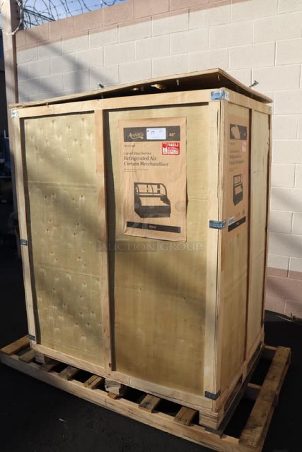 Brand new Avantco CAC-48 refrigerated air curtain merchandiser in crate. Glass damaged, working order. 47 3/16" black model.