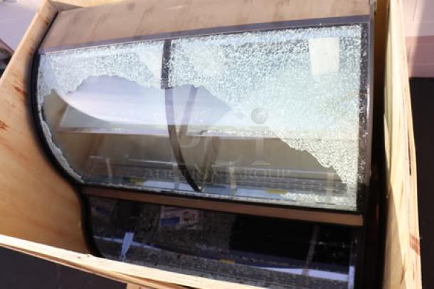 Avantco CAC-48 refrigerated air curtain merchandiser, black, 47 3/16", glass damaged, in working order, S/N: 1748109080001.