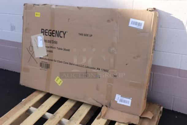 Regency 30"x48" stainless steel work table, model 600TS3048S, in original packaging, scratch-and-dent condition.