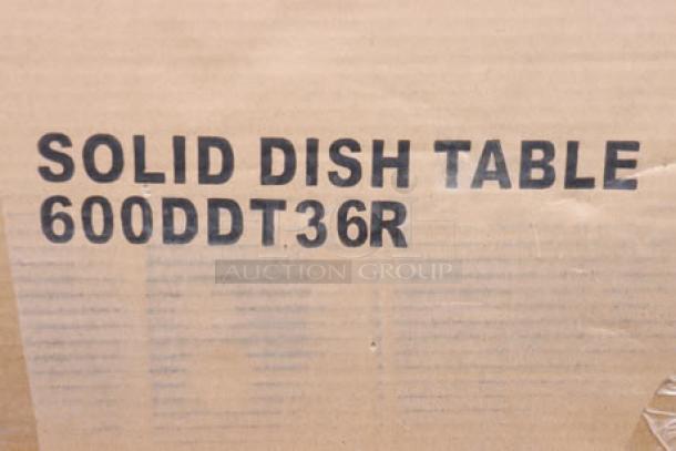 Brand new Regency SDT-36R 3' soiled dish table with right drainboard, 16-gauge; packaging damaged.