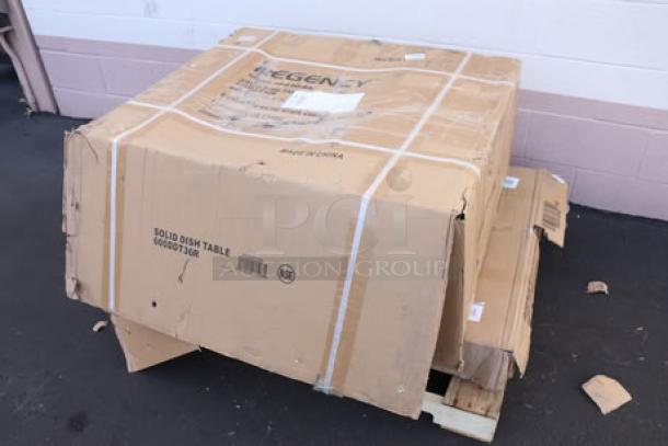 Brand new Regency SDT-36R soiled dish table with damaged packaging. Right drainboard, 16 gauge steel.