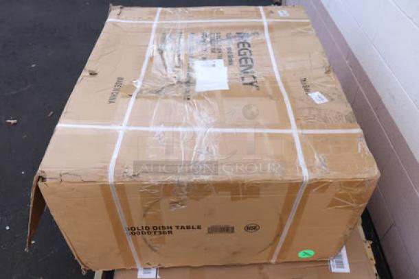 Regency SDT-36R 3' soiled dish table in original box, packaging damaged during transit. Model and brand visible on box.