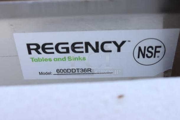 Regency SDT-36R 16 Gauge Soiled Dish Table, right drainboard, new with transit-damaged packaging, model 600DDT36R.