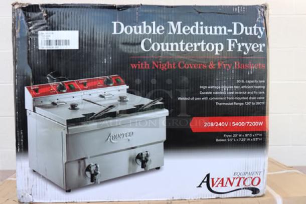 Alt text: Avantco F202 30 lb. dual tank countertop fryer, 208-240V, 5400/7200W, new with damaged packaging and potential scratches/dents.