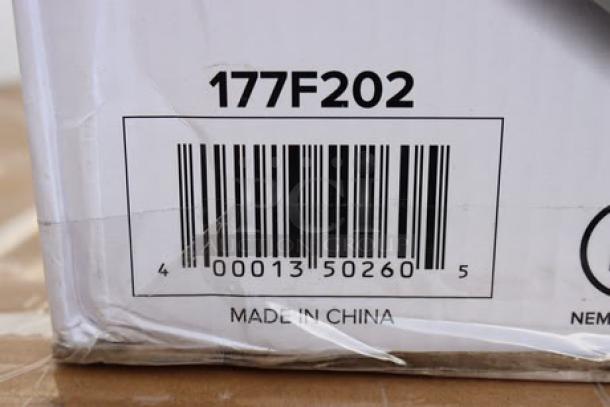 Barcode and model number 177F202 on damaged packaging of Avantco F202 electric countertop fryer, indicating it's made in China.