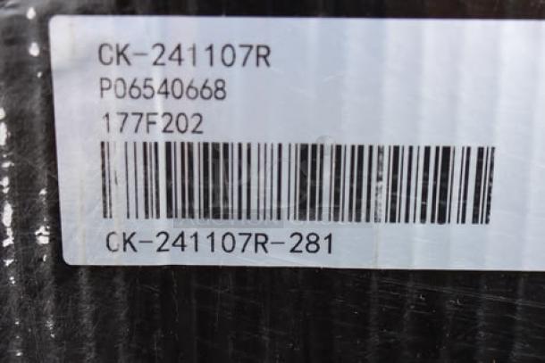 Barcode label on Avantco F202 fryer packaging with serial number CK-241107R-281. Packaging damaged; item may have scratches or dents.