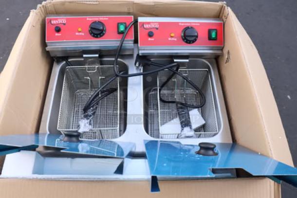 Brand new Avantco F202 dual tank electric fryer. Some scratching and denting. Damaged packaging.