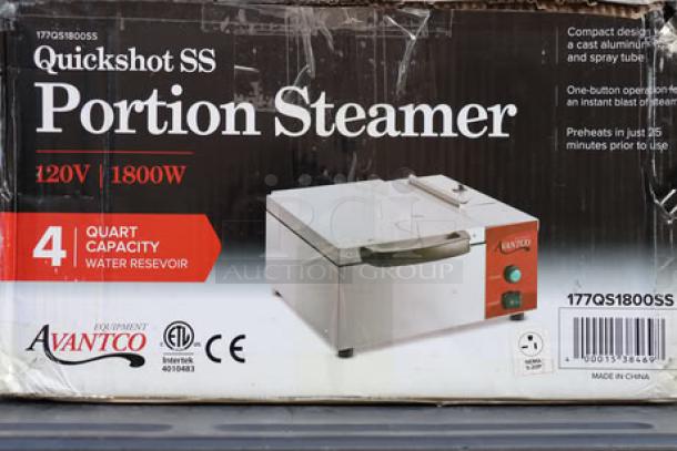Avantco QuickShot SS QS-1800 stainless steel countertop tortilla/portion steamer, 120V, 1800W, 4 qt capacity, model 177QS1800SS.