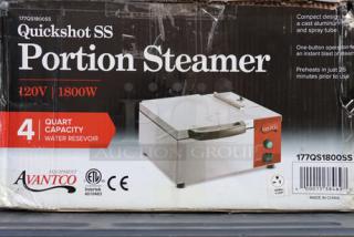 Avantco QuickShot SS QS-1800 stainless steel countertop tortilla/portion steamer, 120V, 1800W, 4 qt capacity, model 177QS1800SS.