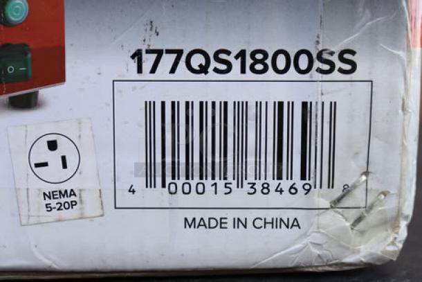 Barcode box for Avantco QuickShot SS QS-1800 Tortilla Steamer. Includes model number 177QS1800SS, NEMA 5-20P plug info, made in China.
