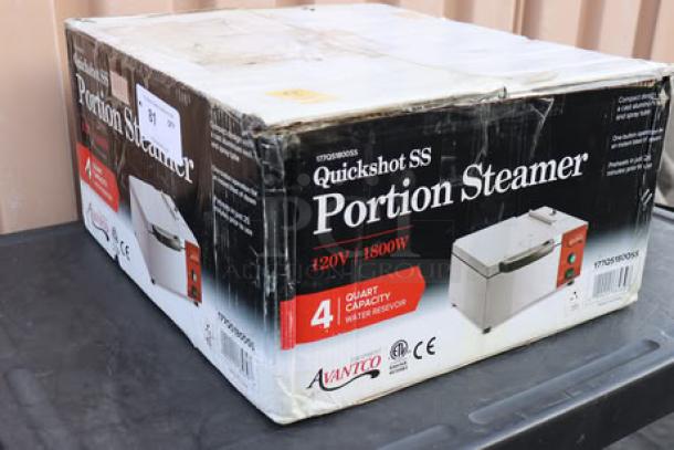 Avantco QuickShot SS QS-1800 tortilla/portion steamer in box, 120V, 1800W, 4-quart capacity, stainless steel, new condition.