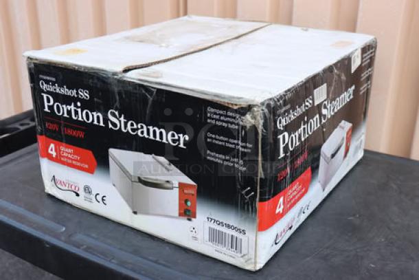 Avantco QuickShot SS QS-1800 steamer box, 120V, 1800W, 4-quart capacity, stainless steel countertop model, new condition.