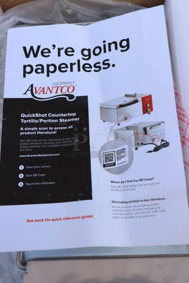 Avantco QuickShot SS QS-1800 tortilla/portion steamer, stainless steel, 120V, 1800W, shown with product literature, QR code for info.
