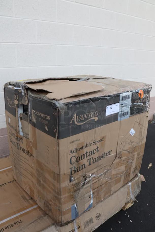 BRAND NEW Avantco BT18A Bun Toaster in original packaging, model BT18A, 120V, 1600W; packaging is damaged.