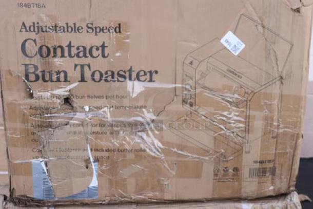 Brand new Avantco BT18A Vertical Contact Conveyor Bun Toaster, 120V, 1600W in original damaged packaging.