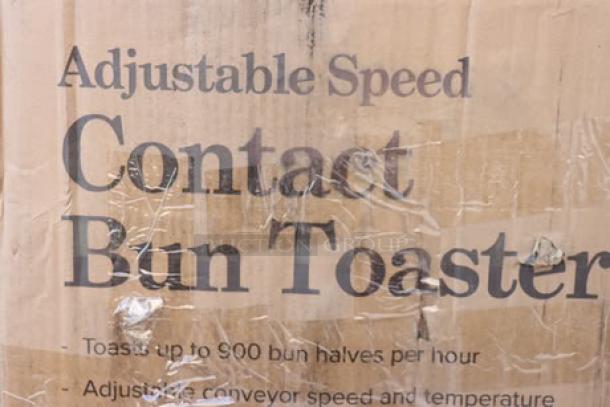 Brand new Avantco BT18A vertical contact conveyor bun toaster, 120V, 1600W, in original damaged packaging with labeled details.