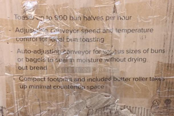 Avantco BT18A vertical contact conveyor bun toaster, new, with damaged original packaging. Features adjustable speed and temperature.