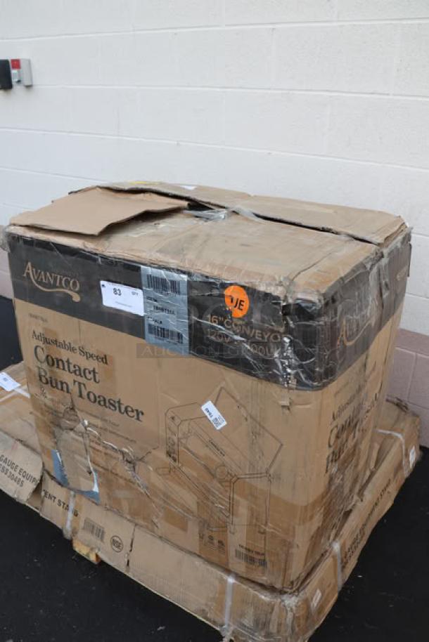 Brand new Avantco BT18A conveyor bun toaster, 120V, 1600W, in original but damaged packaging. Model and specs visible.