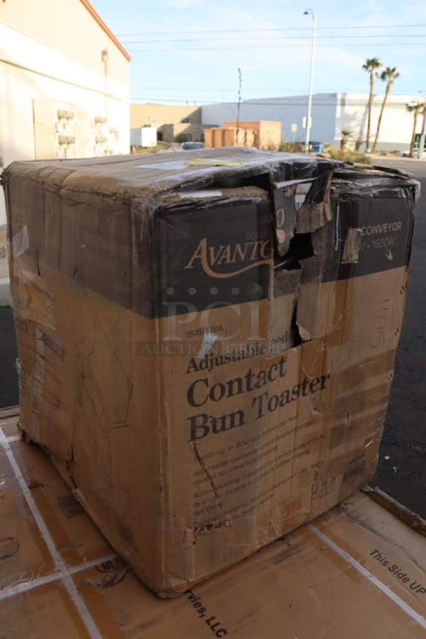 Brand new Avantco BT18A Vertical Contact Bun Toaster in original damaged packaging; 120V, 1600W, S/N: 281062518484BT18A.