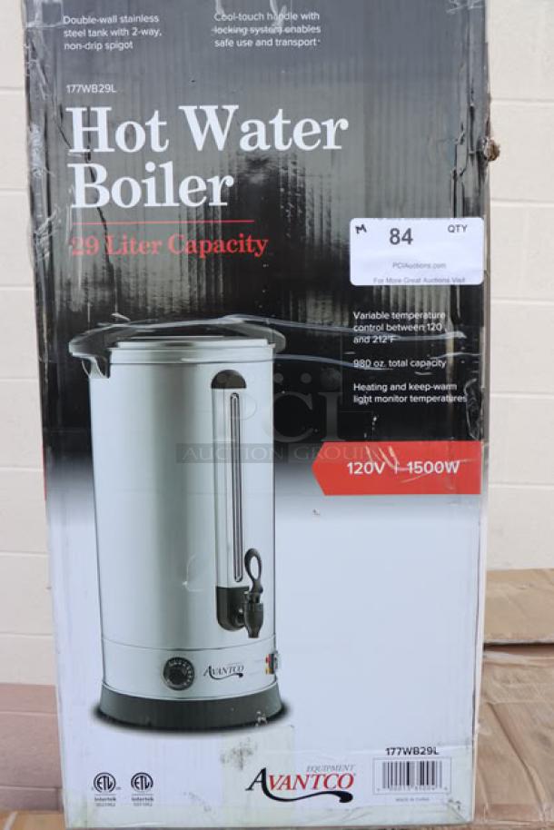 Brand new Avantco WB29L 7.6 gallon water boiler in box. 29 liter, 196 cup capacity, 120V, 1500W. Some box dents.