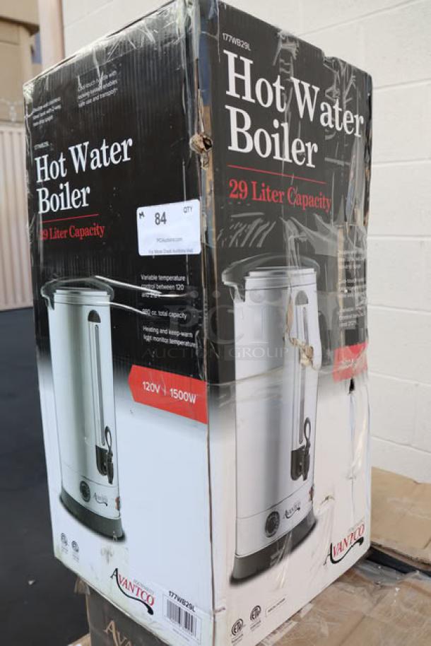 Brand new Avantco WB29L 7.6 gallon water boiler. Scratch-n-dent condition. 29-liter capacity, 120V, 1500W. Box shows wear.