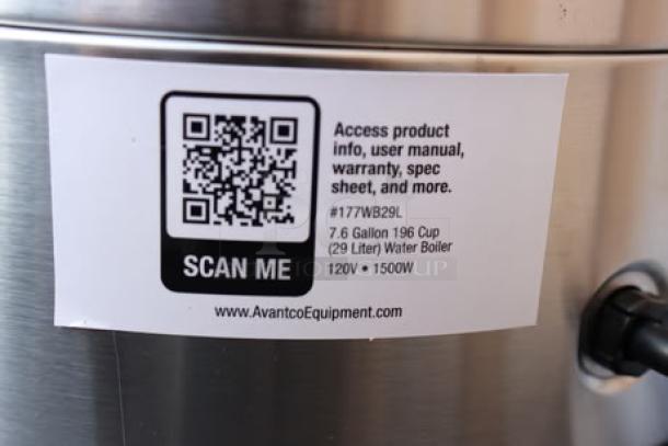 Alt text: Avantco WB29L 7.6-gallon water boiler with scratch-n-dent tag, 196 cup capacity, 120V, 1500W.