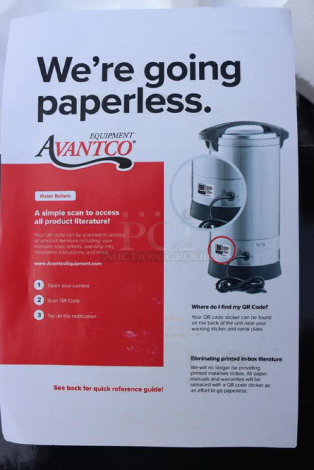 Brand new Avantco WB29L water boiler, 7.6 gallons, 196 cups, 120V, 1500W. Includes QR code for product literature access.