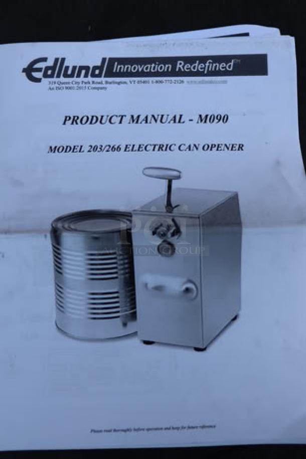 BRAND NEW Edlund 203 Two-Speed Tabletop Electric Can Opener, Model 203, SN: 111749. Original packaging damaged. Manual shown.