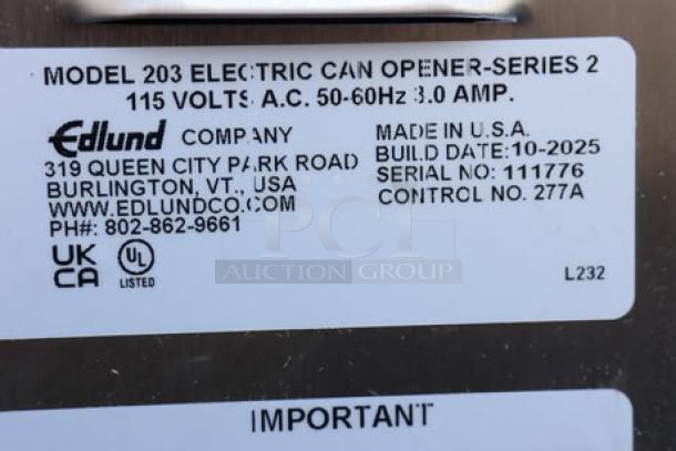 Edlund 203 Electric Can Opener label, 115V, made in USA, serial 111776, original packaging damaged.