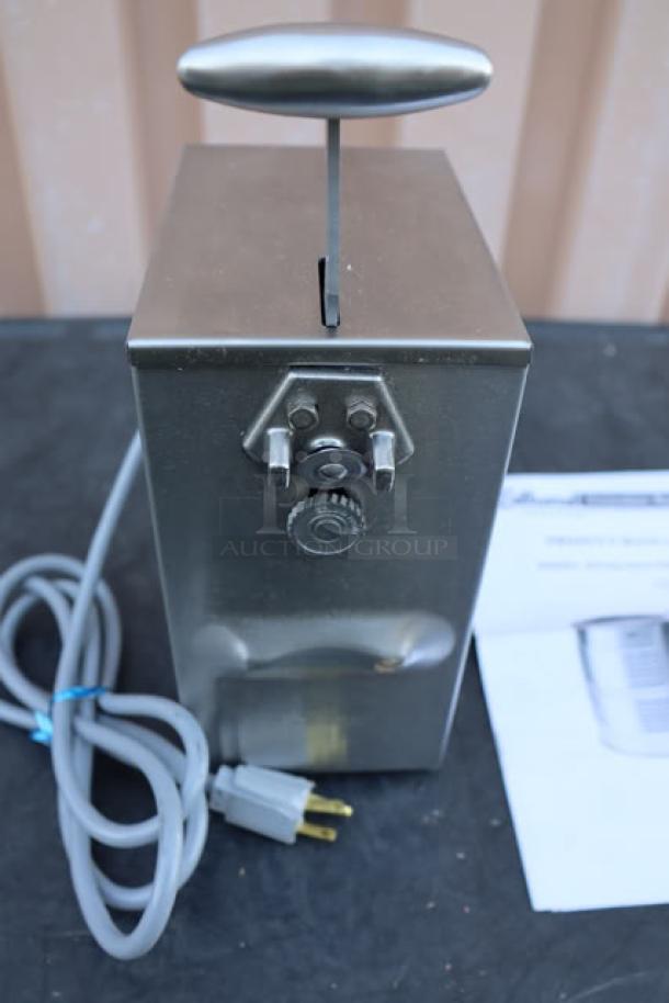 BRAND NEW Edlund 203 Two-Speed Electric Can Opener, 115V, stainless steel body, includes power cord. Original packaging damaged.