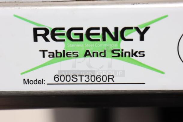 BRAND NEW! Regency 600STCB3060R stainless steel work table, 30" x 60", with right sink, labeled "Regency Tables and Sinks."
