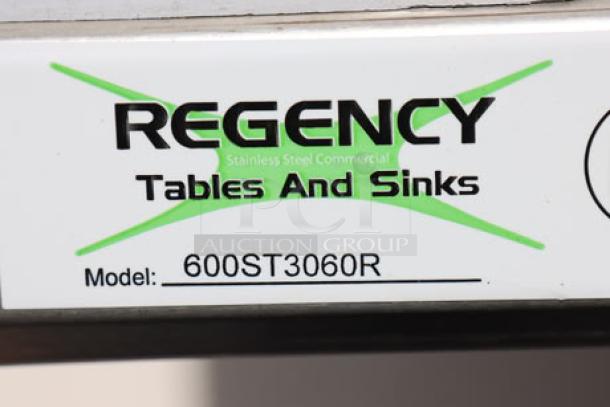 Regency 600ST3060R stainless steel work table label, model number visible, for commercial use with right sink and cross bracing.