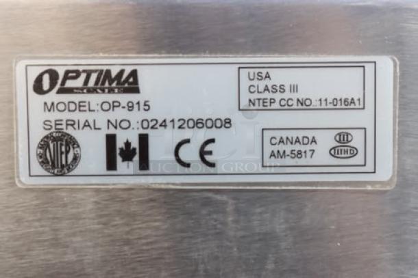 Optima OP-915-RT-1818-400 tag, Model: OP-915, Serial No: 0241206008, NTEP certified Class III, USA and Canada seals.