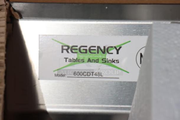 Regency CDT-48-L 16 Gauge Clean Dish Table, left drainboard, brand new with scratch-n-dent, model label visible.