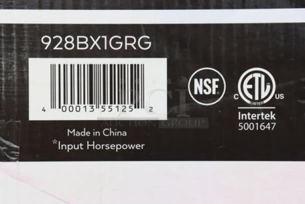 Item box showing barcode, model 928BX1GRG, NSF and ETL certifications, "Made in China" label.