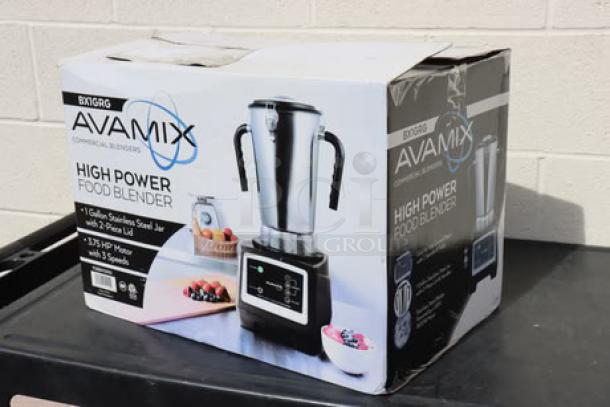 AvaMix BX1GRG2J blender in box; 3 3/4 hp, 1-gallon stainless jar, 120V. Includes 2 jars. Box features model details.