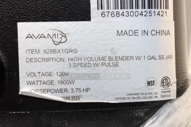 AvaMix BX1GRG2J 3.75 hp commercial blender, stainless steel, 1-gallon jar, 3 speeds, pulse, 120V, S/N: 676843004251421.