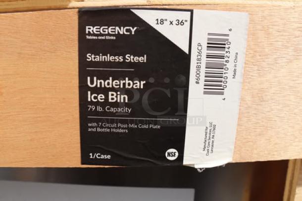 Regency IB1836-CPT 18" x 36" underbar ice bin with 79 lb capacity, stainless steel, cold plate, and bottle holders. Original packaging damaged.