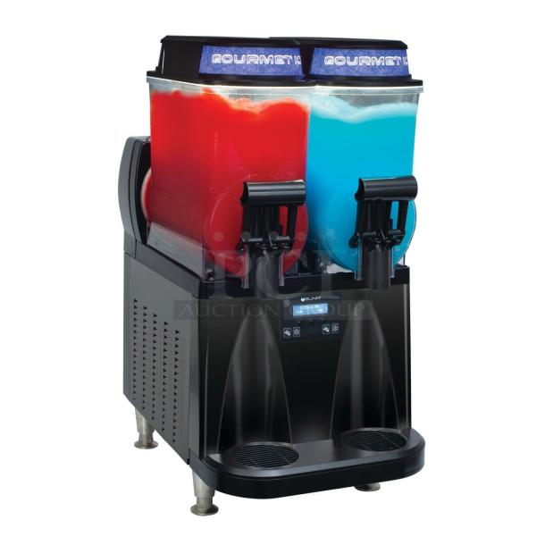Brand new Bunn 58000.0140 Ultra NX drink dispenser, 120V, black/stainless, dual tanks filled with red and blue beverages.