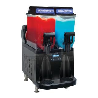 Brand new Bunn 58000.0140 Ultra NX drink dispenser, 120V, black/stainless, dual tanks filled with red and blue beverages.