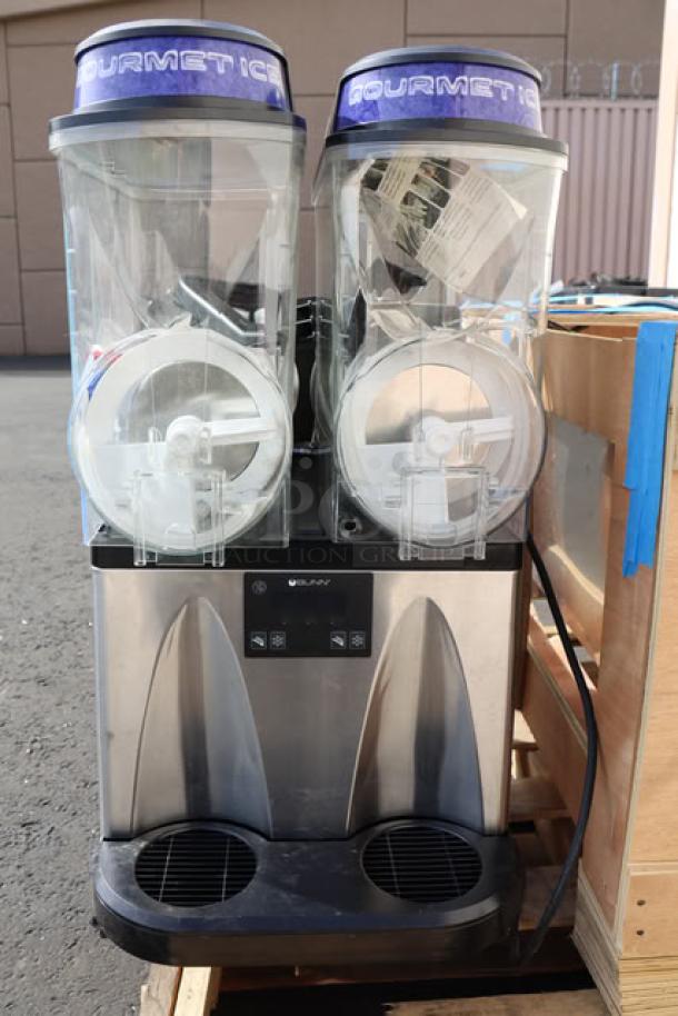 Brand new Bunn Ultra NX slush machine, model 58000.0140, BA 120V, stainless steel, dual transparent dispensers, S/N: ULTX077751.