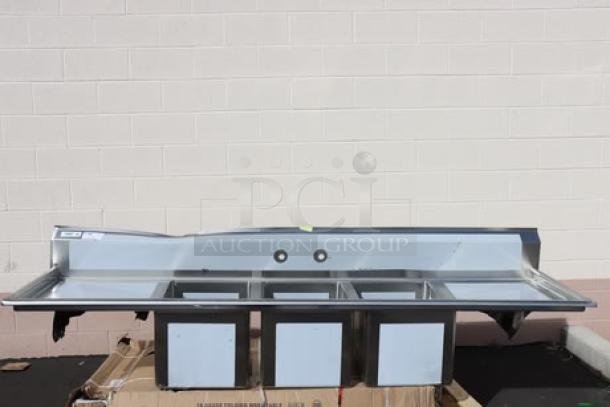 Brand new Regency Spec Line PCS3C162014-24LR commercial sink, 100" stainless steel, 3 compartments, 2 drainboards, dented backsplash.