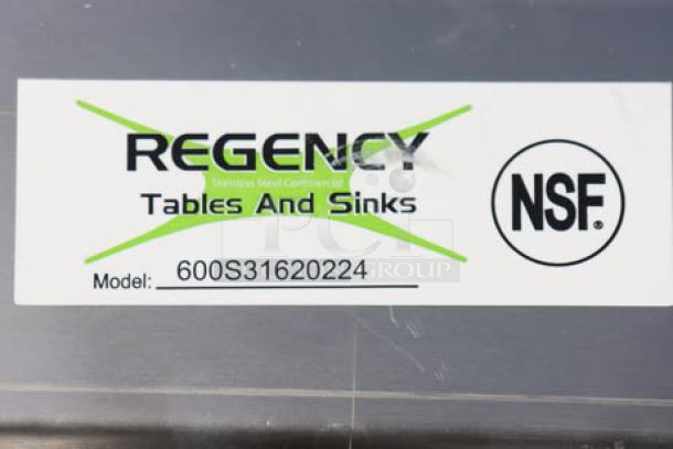 Regency Spec Line PCS3C162014-24LR stainless steel commercial sink, 3 compartments, dented backsplash, NSF certified label visible.