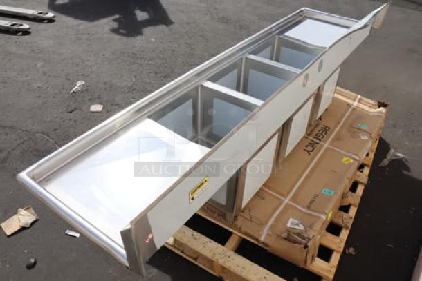 BRAND NEW SCRATCH-N-DENT Regency Spec Line PCS3C162014-24LR 100" stainless steel three-compartment sink with dented backsplash.