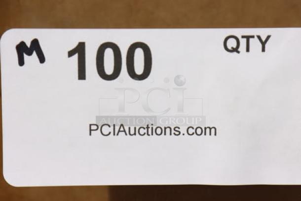 Sticker label with "M", "100 QTY", and "PCIAuctions.com" printed, indicating batch quantity and auction site.