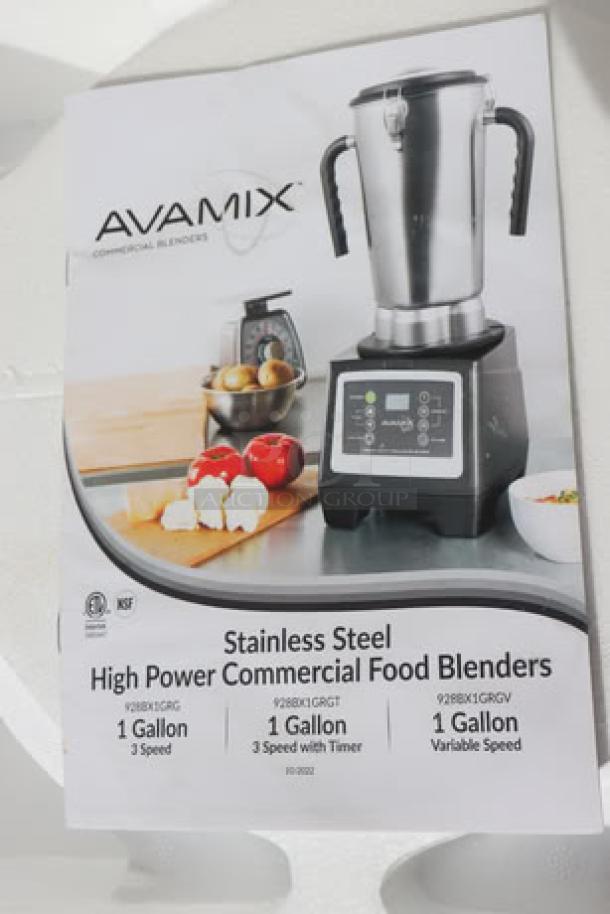 AvaMix BX1GRGT 1 Gallon Stainless Steel Commercial Blender with Timer; 3 3/4 hp motor, shown in promotional material.