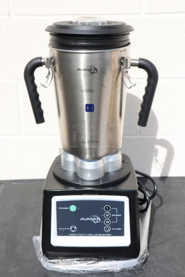 AvaMix BX1GRGT 3 3/4 hp 1 Gallon Stainless Steel Heavy Duty Commercial Blender with Timer, features durable construction, dual handles, and user-friendly control panel.