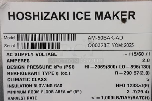 Hoshizaki AM-50BAK-AD ice machine label showing model, serial number Q00328E, voltage, amperes, and specifications.