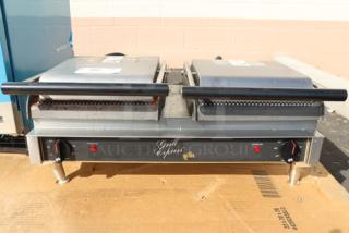 Brand new Star Grill Express GX20IG-240V double sandwich grill with grooved cast iron plates, minor rust visible.